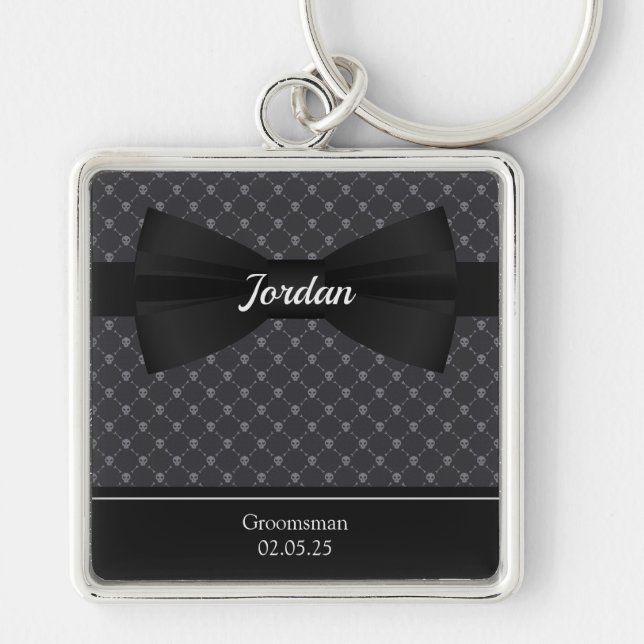 Bowtie och Döskallar Monogrammed Fyrkantig Silverfärgad Nyckelring (Framsidan)