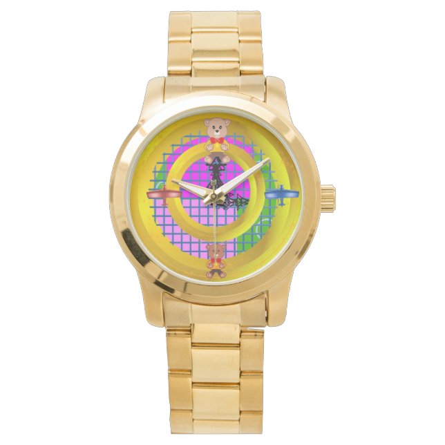 Bowtie Teddy Blue Red Flygplan Guld Ringar Geometr Armbandsur (Framsida)