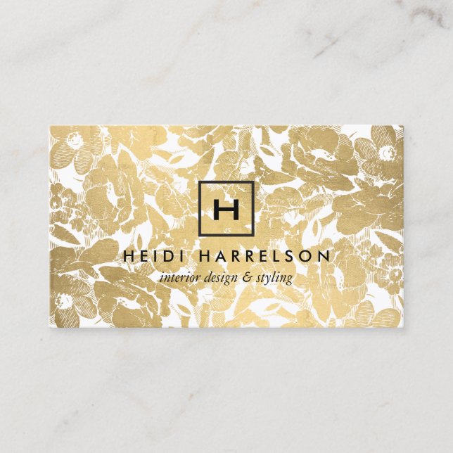 Box Logotyp Monogram med Faux Guld Blommönster Visitkort (Framsida)