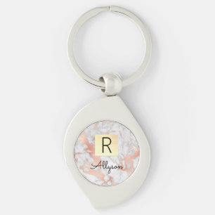 Box, Namn och Monogram, Guld, Marble Guld, Ro och Swirl Silverfärgad Nyckelring