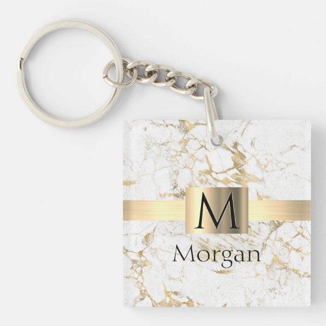 Box White & Guld Marble Guld, Black Namn Monogram (Framsidan)