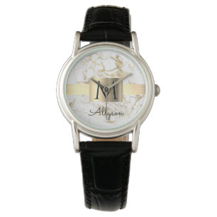Box White & Guld Marble Guld, Black Namn Monogram Armbandsur
