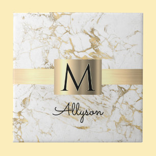 Box White & Guld Marble Guld, Black Namn Monogram Kakelplatta