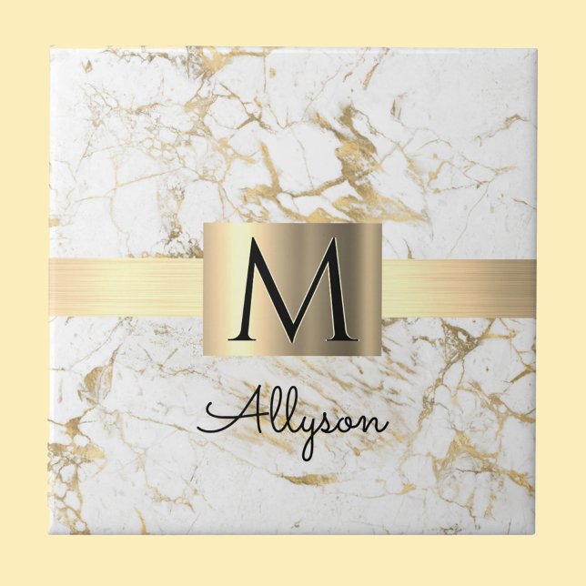 Box White & Guld Marble Guld, Black Namn Monogram Kakelplatta (Skapare uppladdad)