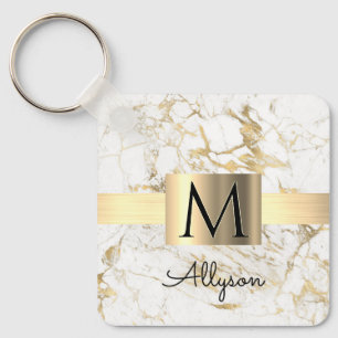 Box White & Guld Marble Guld, Black Namn Monogram Nyckelring