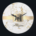 Box White & Guld Marble Guld, Black Namn Monogram Stor Klocka<br><div class="desc">Anpassa ditt namn i svart skript och svart monogram på Guld Box över White och Guld Marble.</div>