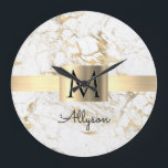 Box White & Guld Marble Guld, Black Namn Monogram Stor Klocka<br><div class="desc">Anpassa ditt namn i svart skript och svart monogram på Guld Box över White och Guld Marble.</div>