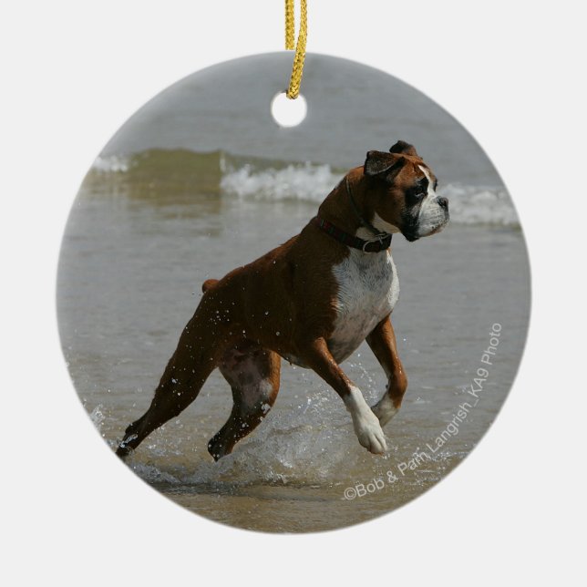 Boxarehund i vatten julgransprydnad keramik (Framsidan)
