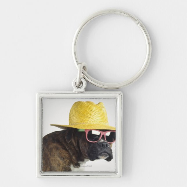 Boxarehund med hatten och exponeringsglas fyrkantig silverfärgad nyckelring (Framsidan)