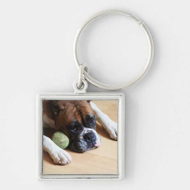 Boxarehundkeychain Fyrkantig Silverfärgad Nyckelring (Framsidan)