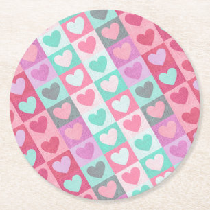 Boxed Hearts Mönster Aqua/Rosa ID629 Underlägg Papper Rund