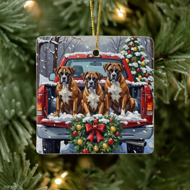 Boxer Christmas Red Truck Holiday Julgransprydnad Keramik (Träd)