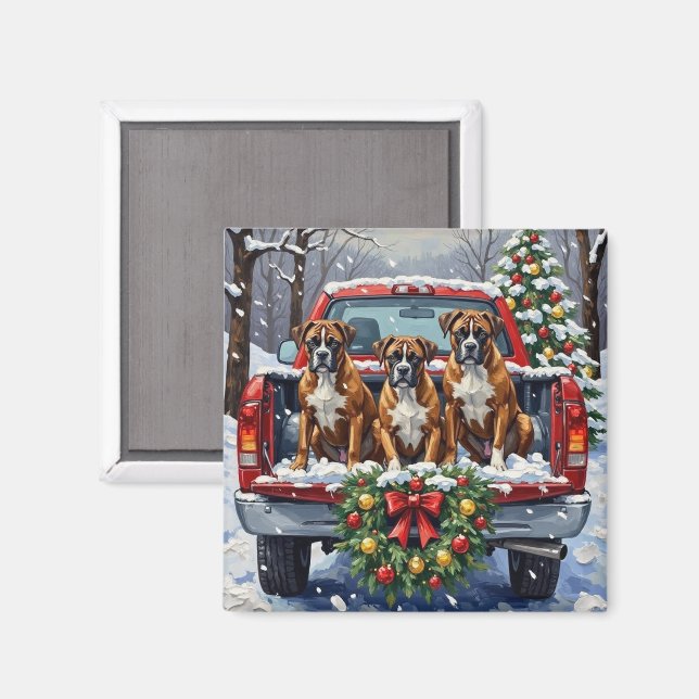 Boxer Christmas Red Truck Holiday Magnet (Front/Back)