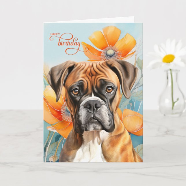 Boxer Dog Birthday Bold Orange Poppy Flowers Kort (Liten växt)