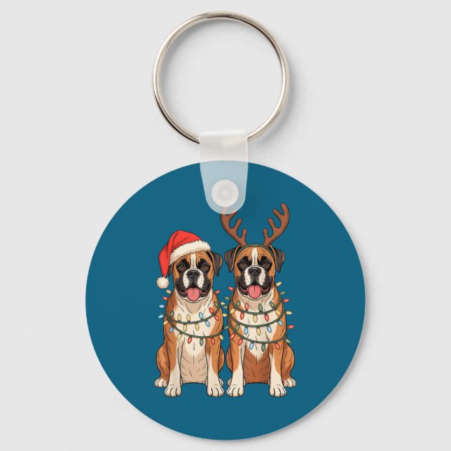 Boxer Dog Christmas Santa Hat Reindeer Lights Paja Nyckelring (Framsida)