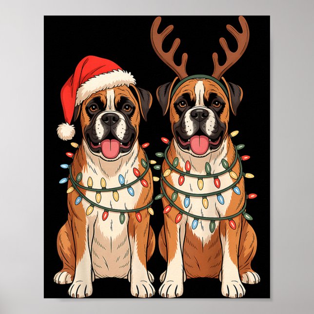 Boxer Dog Christmas Santa Hat Reindeer Lights Paja Poster (Framsidan)