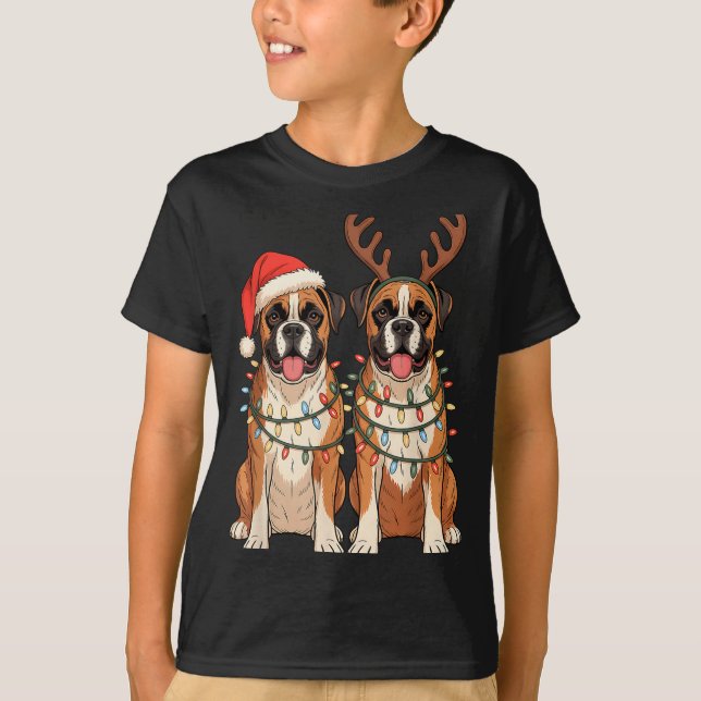 Boxer Dog Christmas Santa Hat Reindeer Lights Paja T Shirt (Framsida)
