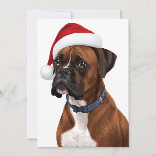 Boxer Dog Merry Christmas Santa Hat Art Julkort (Framsida)