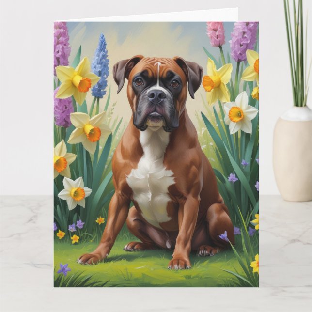 Boxer Dog Vårblommor Målning Kort (Framsida)