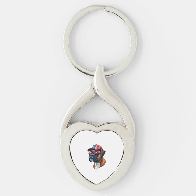 Boxer Dog Wearing White Red Blue Twisted Heart Silverfärgad Nyckelring (Framsidan)