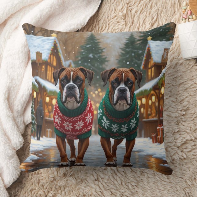 Boxer Dogs Christmas Snow Holiday  Kudde (Filt)
