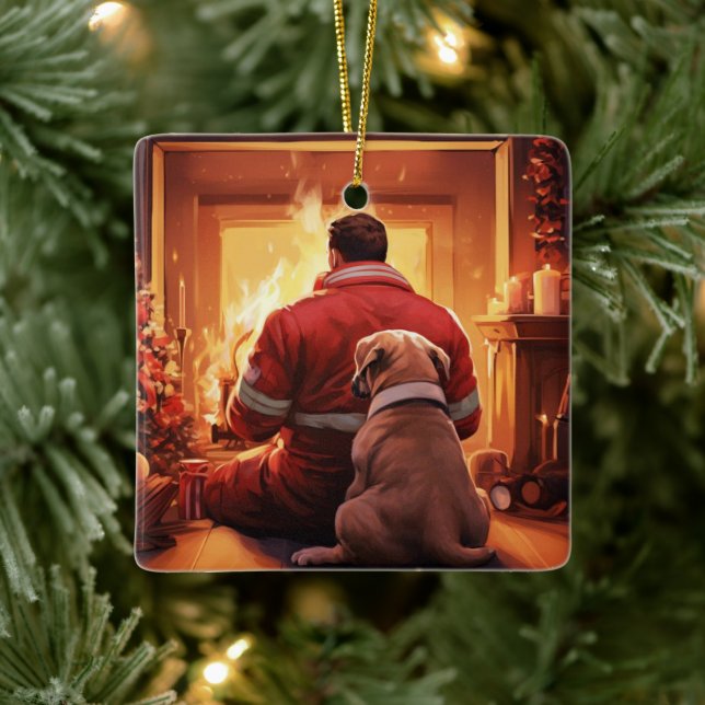 Boxer Gift, Pet Gift, Hund Fireman, julklapp Julgransprydnad Keramik (Träd)