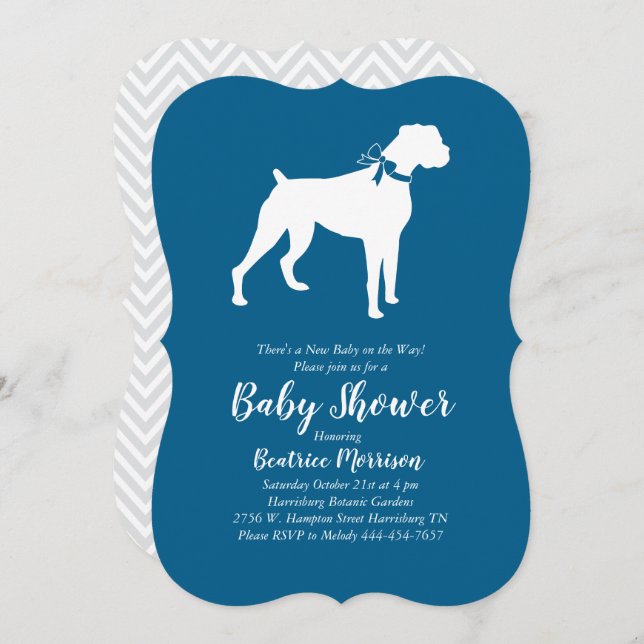 Boxer Hund Baby Shower Blue Boy Inbjudningar (Fram/baksida)