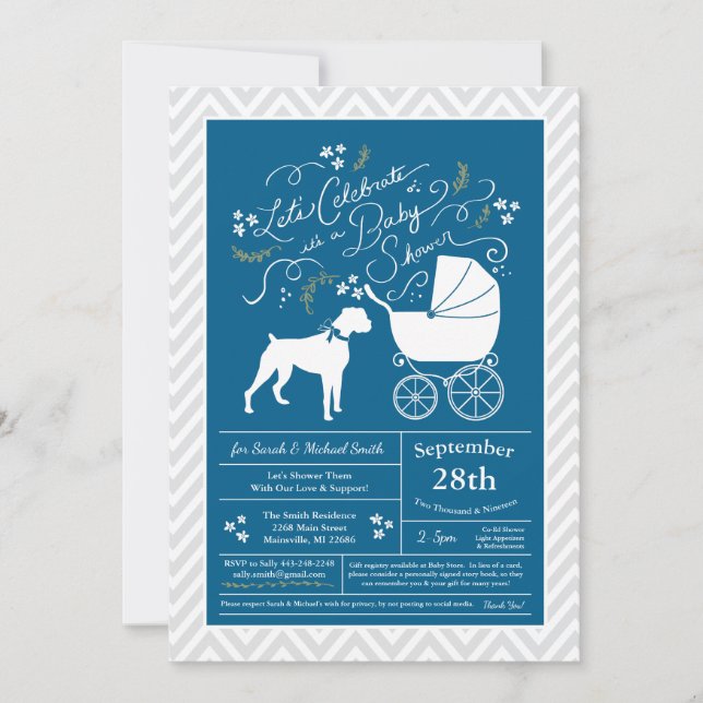 Boxer Hund Baby Shower Blue Boy Inbjudningar (Framsida)