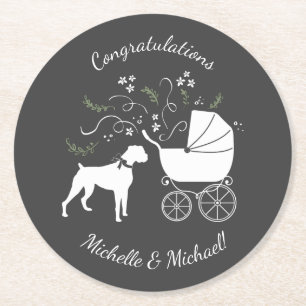 Boxer Hund Baby Shower Puppy Grått Underlägg Papper Rund