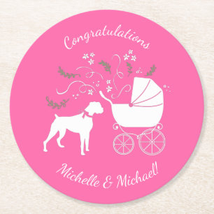 Boxer Hund Baby Shower Puppy Rosa Girl Underlägg Papper Rund