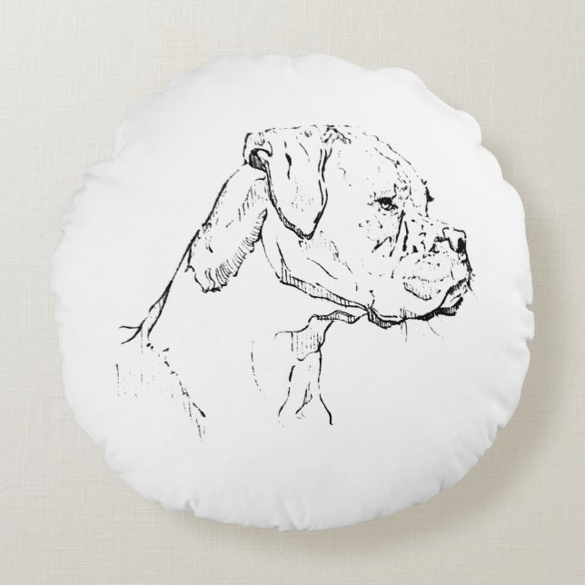 Boxer Hund Bläckkonst – Minimalistisk Hund Linjeri Rund Kudde (Framsidan)