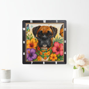 Boxer Hund Blommigt Butterfly Fyrkantig Klocka
