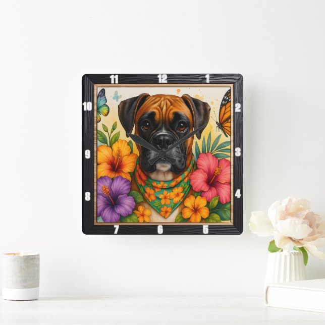 Boxer Hund Blommigt Butterfly Fyrkantig Klocka (Hem)