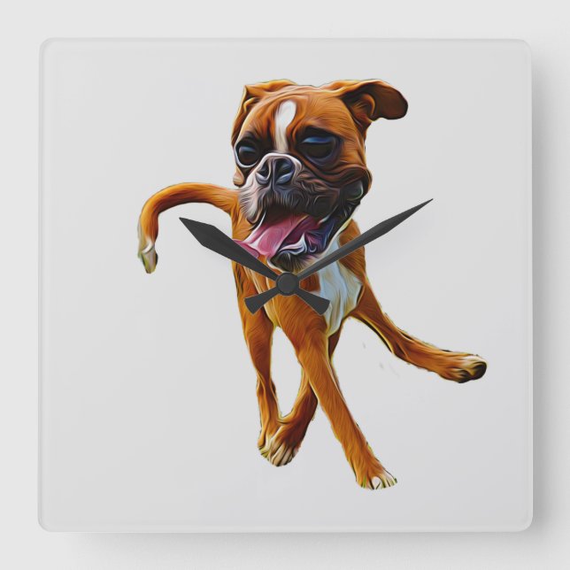 Boxer Hund Caricature Wall Clock Fyrkantig Klocka (Framsida)