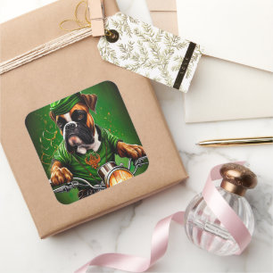 Boxer Hund Driving Bike St. Patrick's Day Fyrkantigt Klistermärke