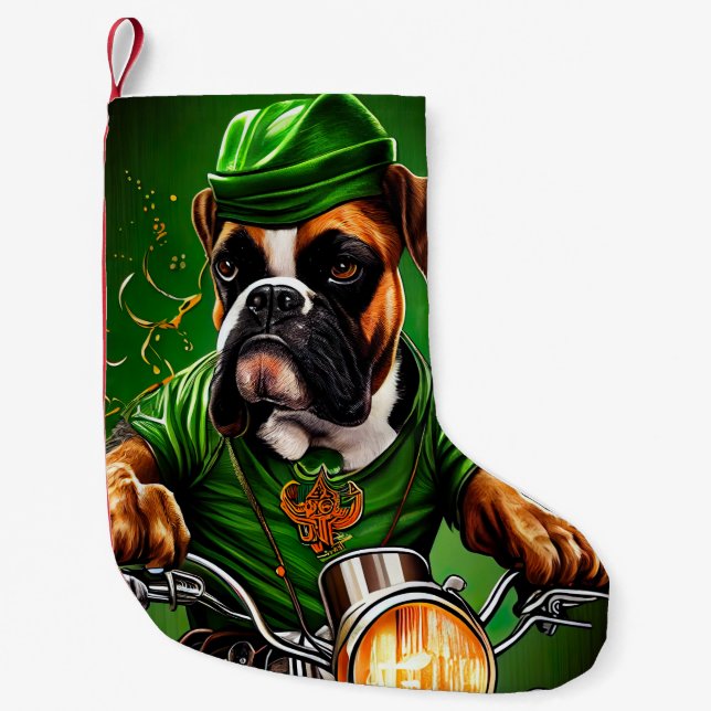 Boxer Hund Driving Bike St. Patrick's Day Liten Julstrumpa (Framsidan)