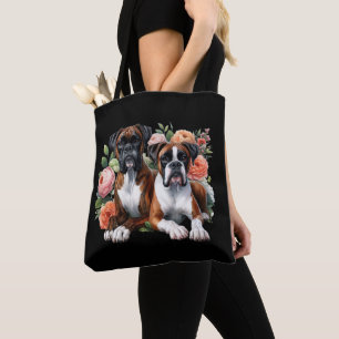 Boxer Hund Duo Bland Blommor Tygkasse