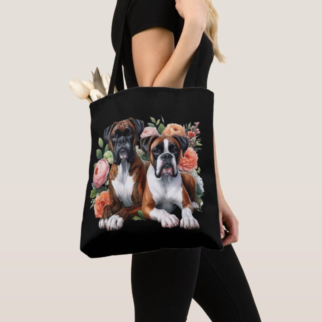 Boxer Hund Duo Bland Blommor Tygkasse (Närbild)