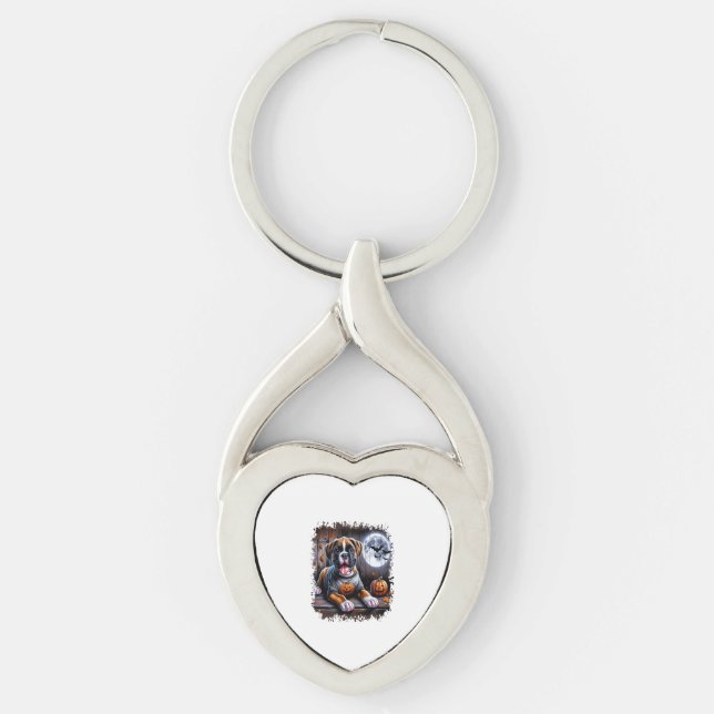 Boxer Hund Halloween Twisted Heart Silverfärgad Nyckelring (Framsidan)