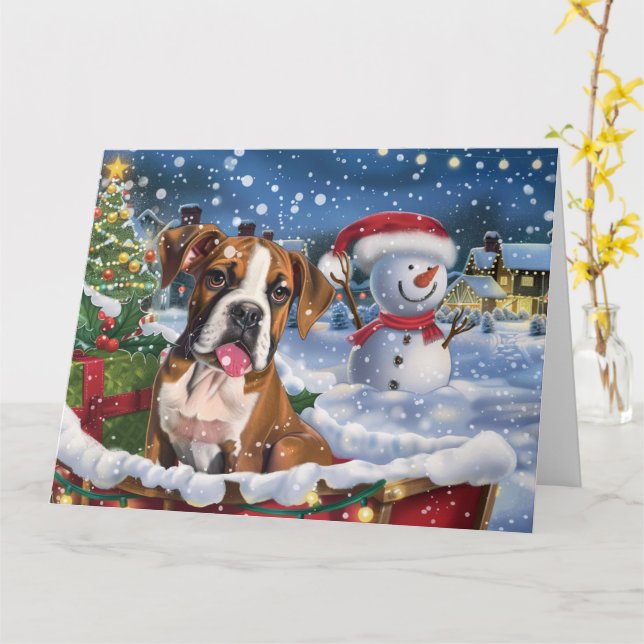 Boxer Hund i julen i Sleigh Snö Kort (Gul blomma)