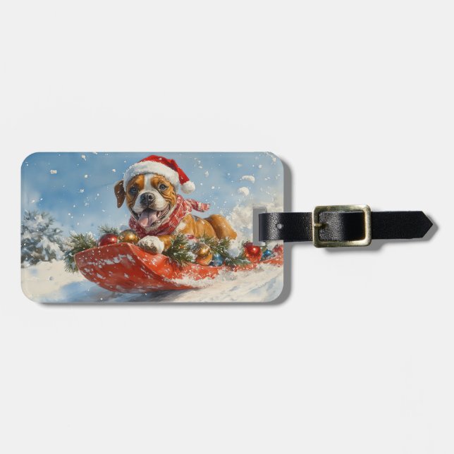 Boxer Hund i Sledge Låt det snöa jul Bagagebricka (Horisontell Framsida)