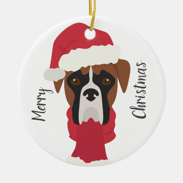 Boxer hund jul Ornament. Snö Julgransprydnad Keramik (Framsidan)