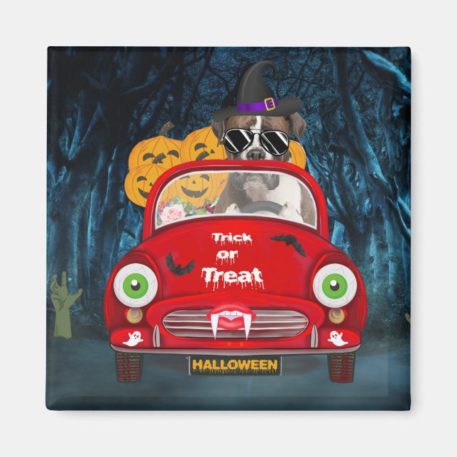Boxer Hund Kör Bil Skräck Halloween Magnet (Framsidan)