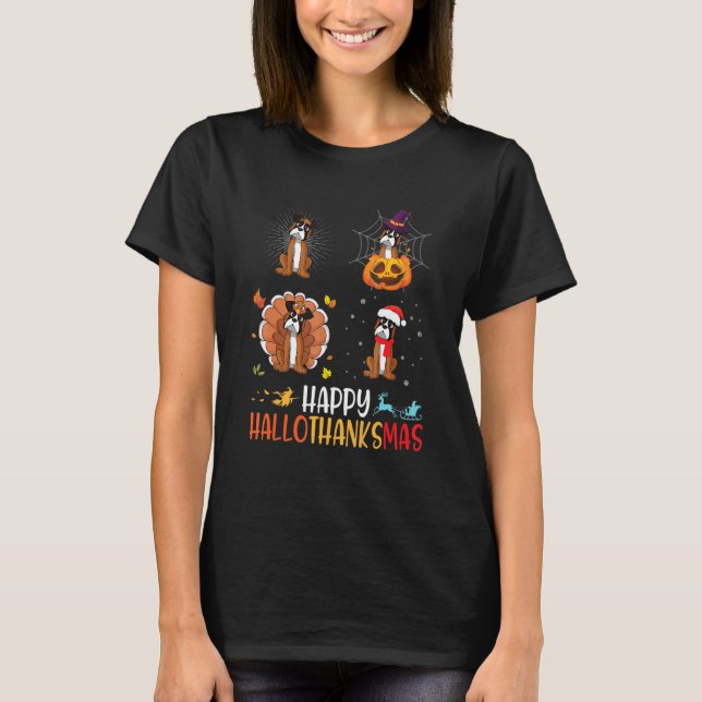 Boxer Hund Lycklig Hallothanksmas Halloween Thanks T Shirt (Framsida)
