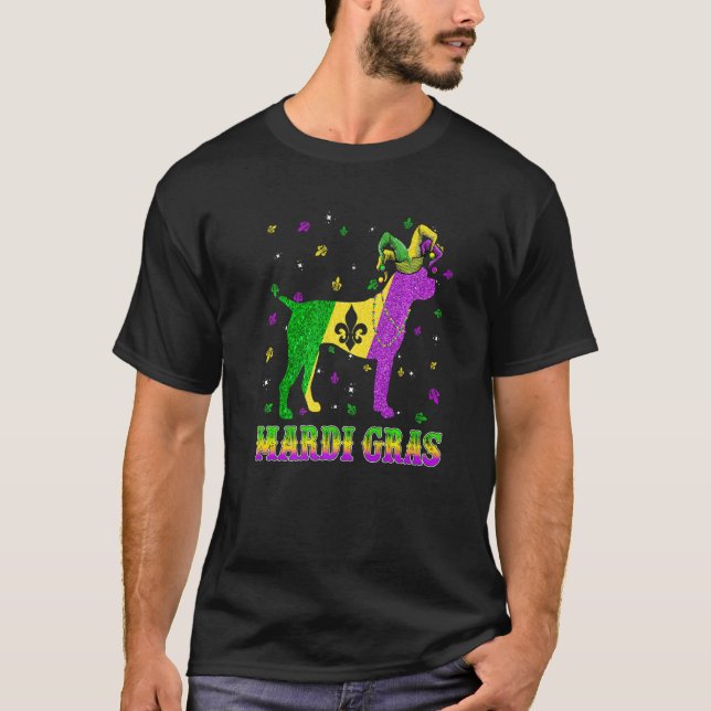 Boxer Hund Mardi Gras Carnival Jester Pärlor Premi T Shirt (Framsida)