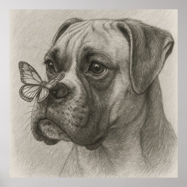 Boxer-Hund med Butterfly Gentle-kontrast Poster (Framsidan)