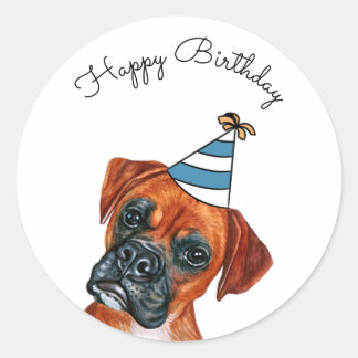 Boxer Hund med Party Hat Classic Round Sticker Runt Klistermärke