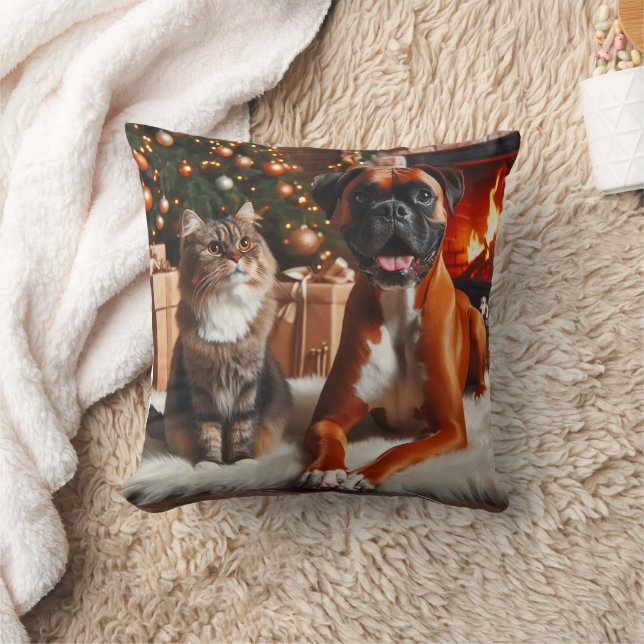 Boxer Hund och Kat jul Kudde (Filt)