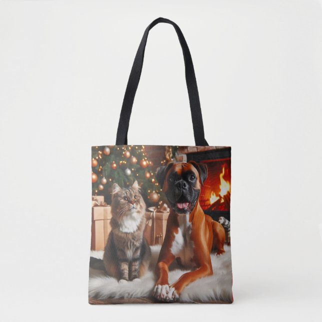 Boxer Hund och Kat jul Tygkasse (Framsida)