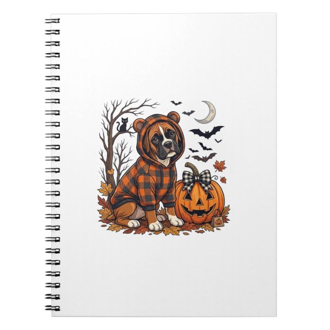 Boxer Hund Plaid Tröja Halloween Pumpa Fladdermöss Anteckningsbok (Framsidan)